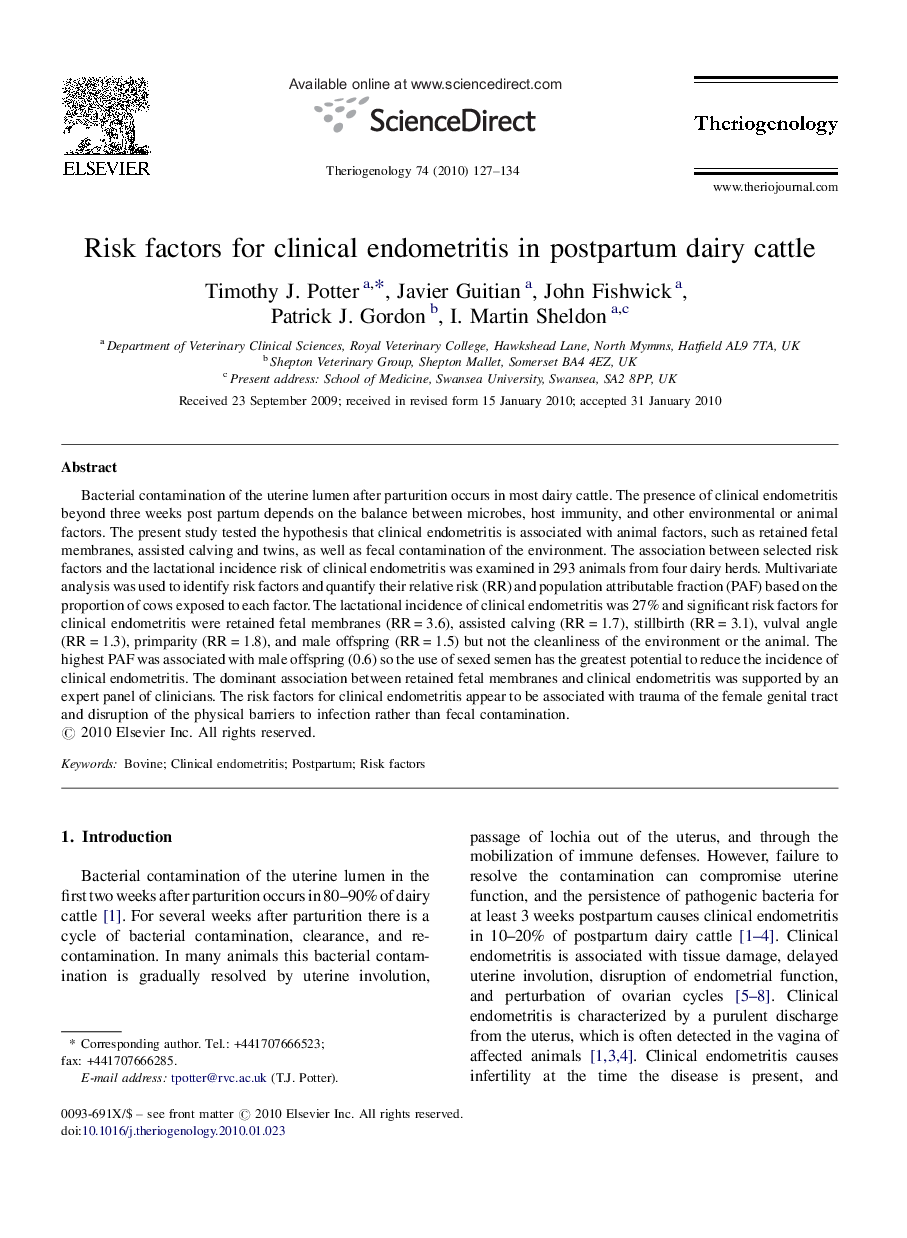 Risk factors for clinical endometritis in postpartum dairy cattle