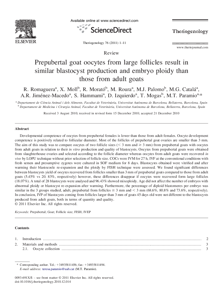 Prepubertal goat oocytes from large follicles result in similar blastocyst production and embryo ploidy than those from adult goats