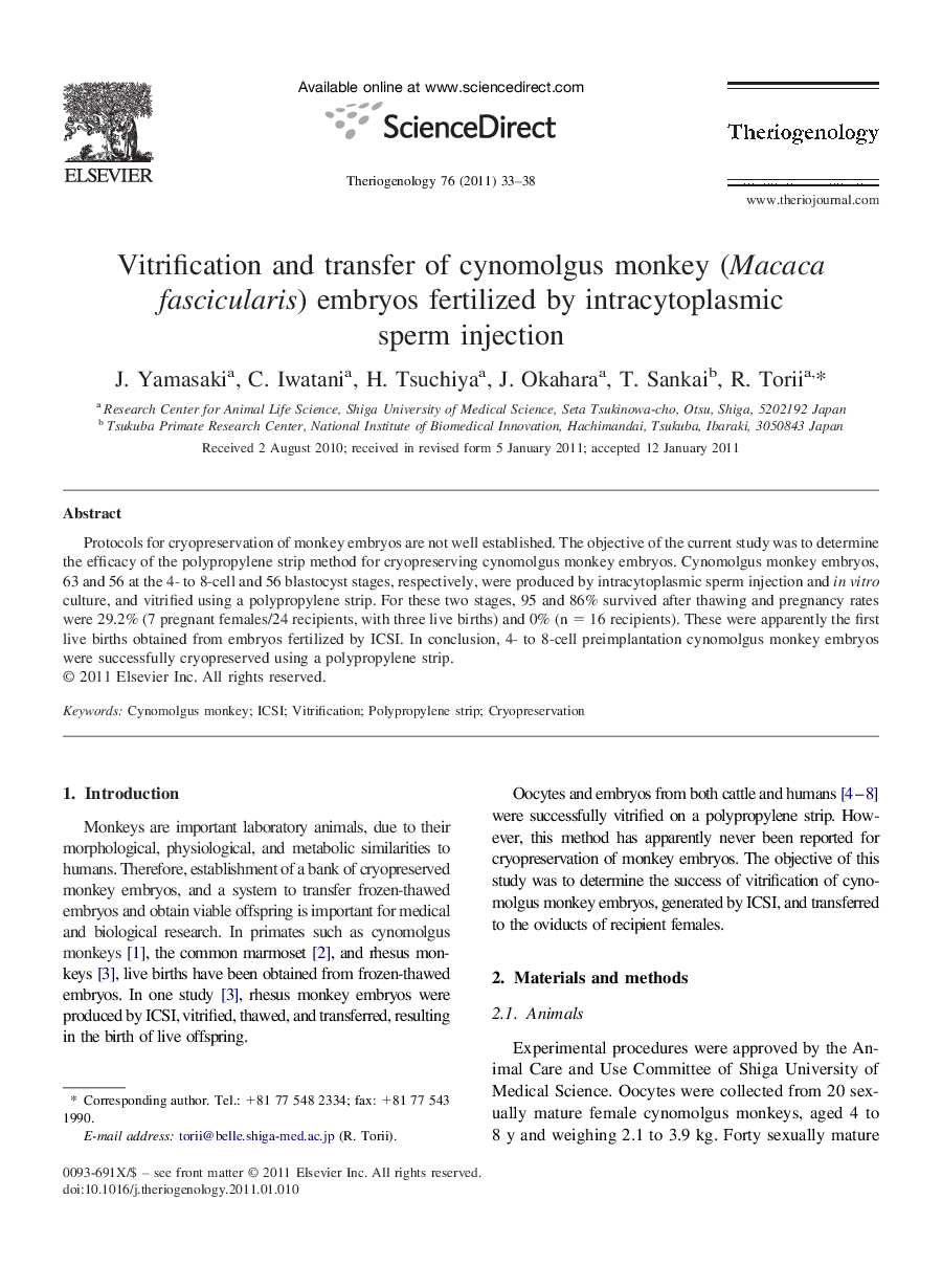 Vitrification and transfer of cynomolgus monkey (Macaca fascicularis) embryos fertilized by intracytoplasmic sperm injection
