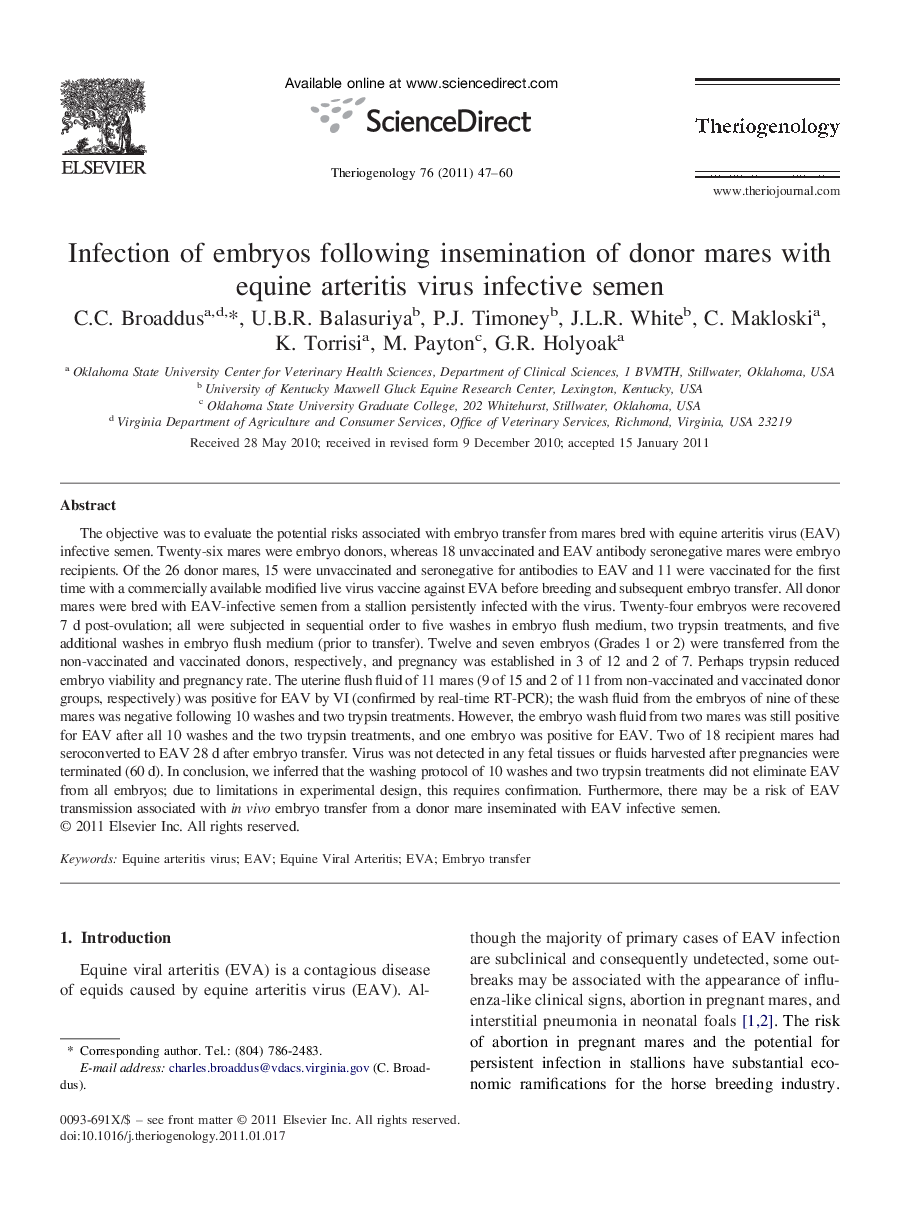 Infection of embryos following insemination of donor mares with equine arteritis virus infective semen