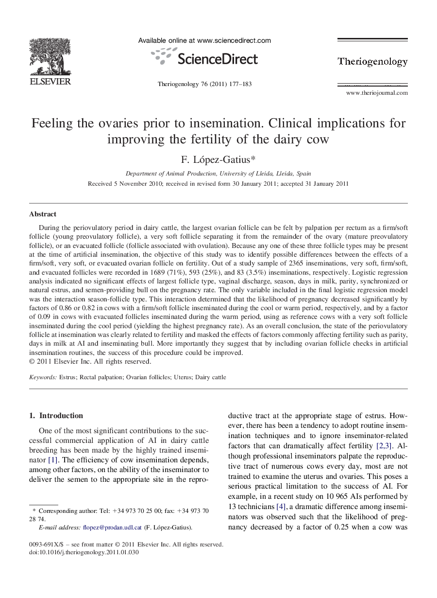 Feeling the ovaries prior to insemination. Clinical implications for improving the fertility of the dairy cow