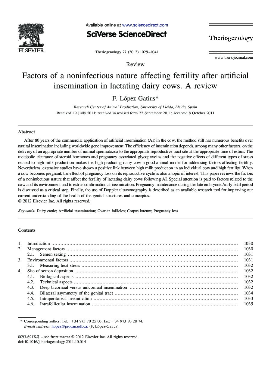 Factors of a noninfectious nature affecting fertility after artificial insemination in lactating dairy cows. A review