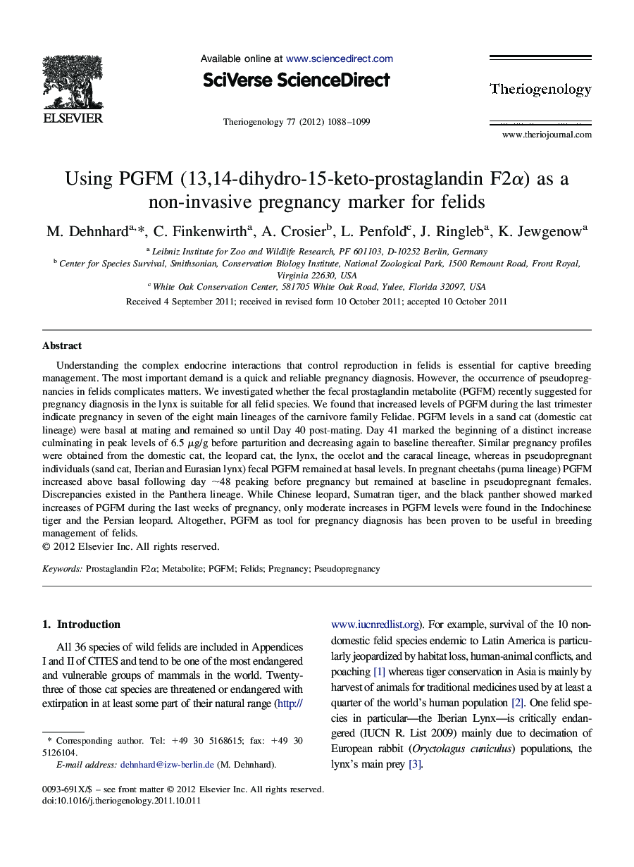 عکس صفحه اول مقاله: Using PGFM (13,14-dihydro-15-keto-prostaglandin F2α) as a non-invasive pregnancy marker for felids Using PGFM (13,14-dihydro-15-keto-prostaglandin F2α) as a non-invasive pregnancy marker for felids