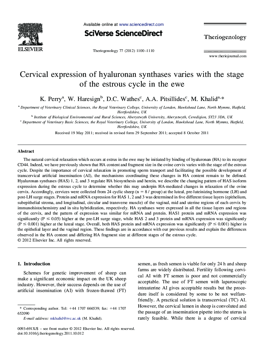 Cervical expression of hyaluronan synthases varies with the stage of the estrous cycle in the ewe