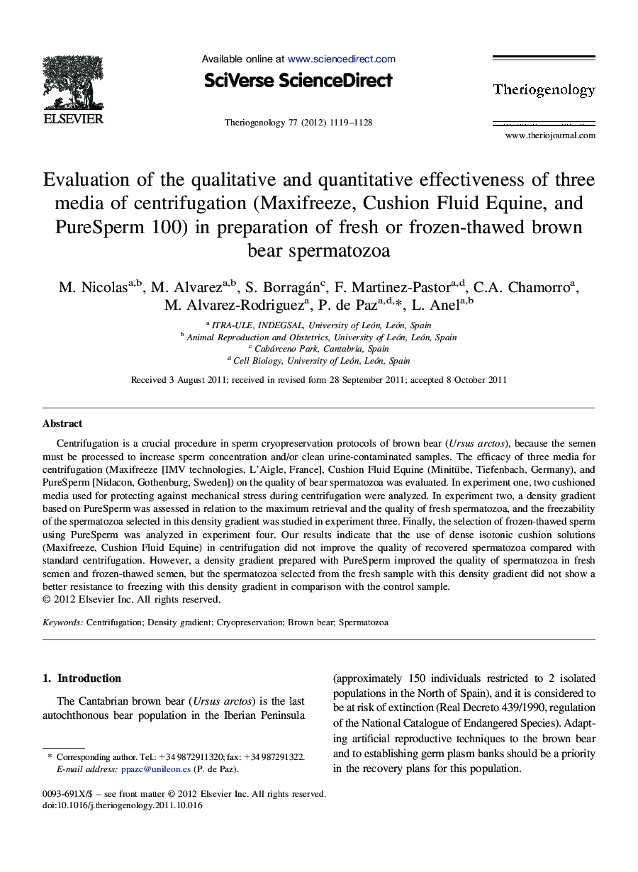 Evaluation of the qualitative and quantitative effectiveness of three media of centrifugation (Maxifreeze, Cushion Fluid Equine, and PureSperm 100) in preparation of fresh or frozen-thawed brown bear spermatozoa