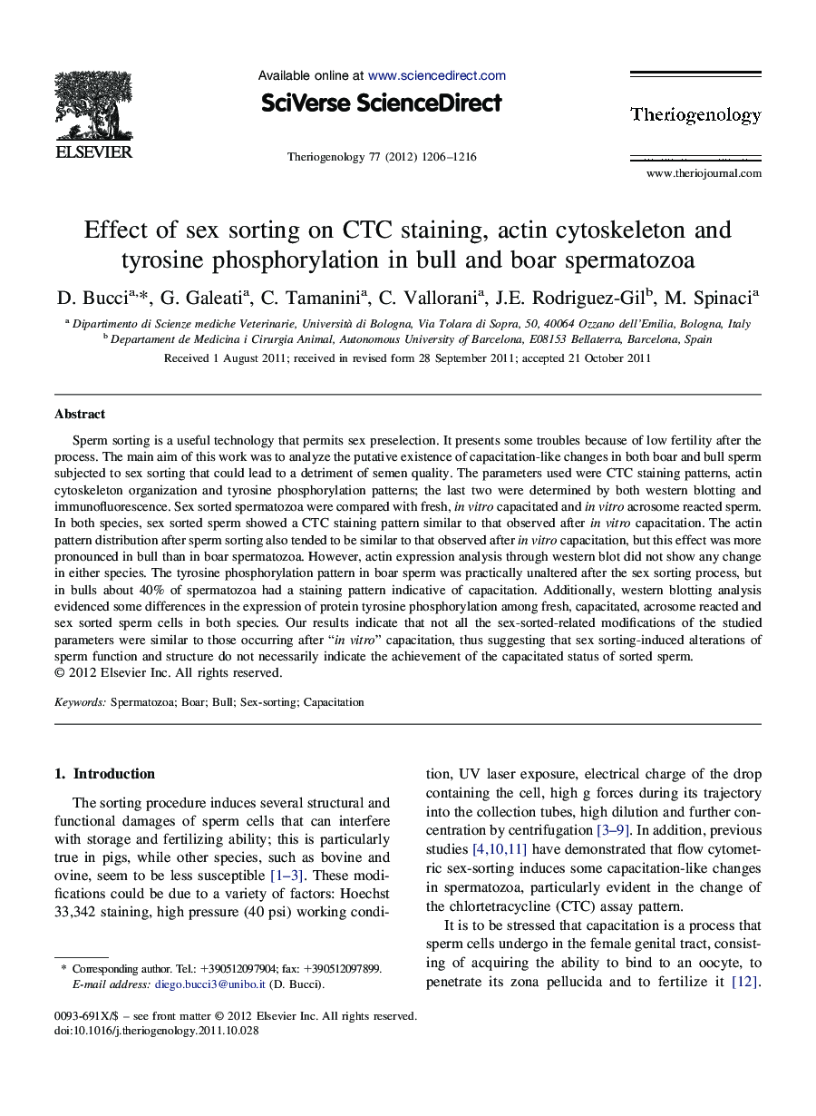 Effect of sex sorting on CTC staining, actin cytoskeleton and tyrosine phosphorylation in bull and boar spermatozoa