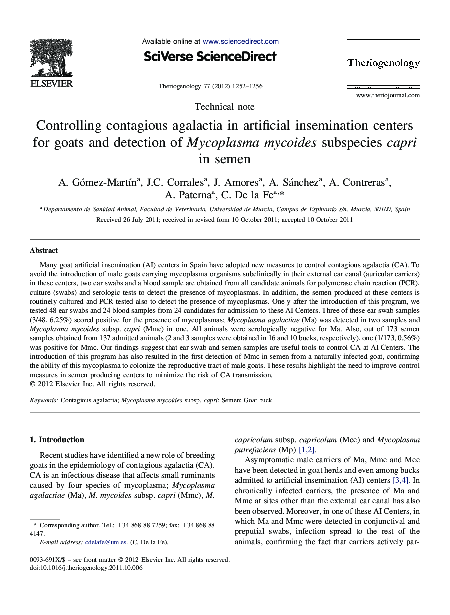 عکس صفحه اول مقاله: Controlling contagious agalactia in artificial insemination centers for goats and detection of Mycoplasma mycoides subspecies capri in semen Controlling contagious agalactia in artificial insemination centers for goats and detection of Mycoplasma mycoides subspecies capri in semen
