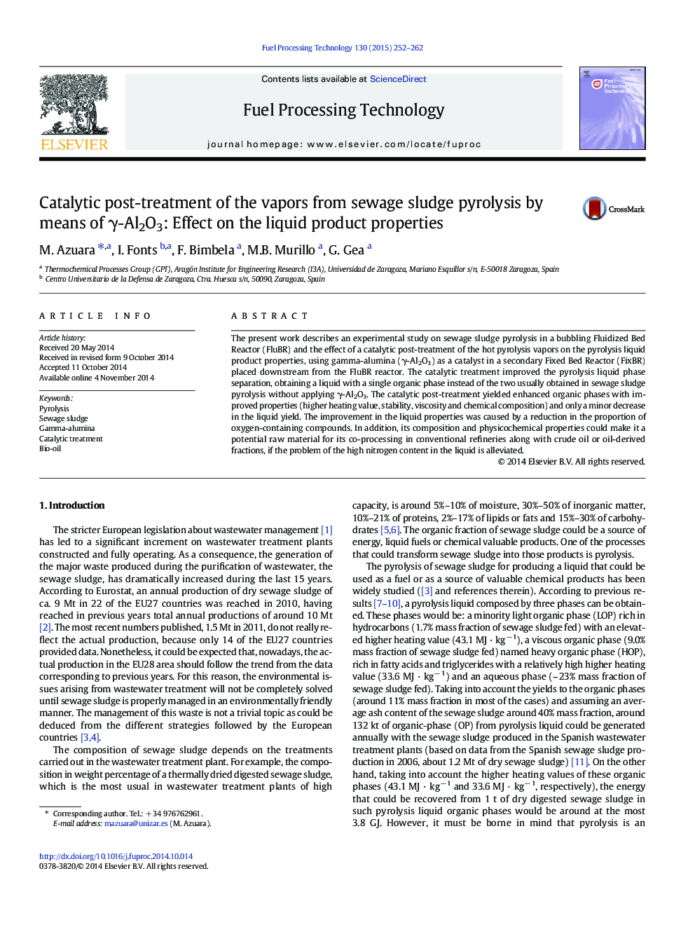 Catalytic post-treatment of the vapors from sewage sludge pyrolysis by means of γ-Al2O3: Effect on the liquid product properties