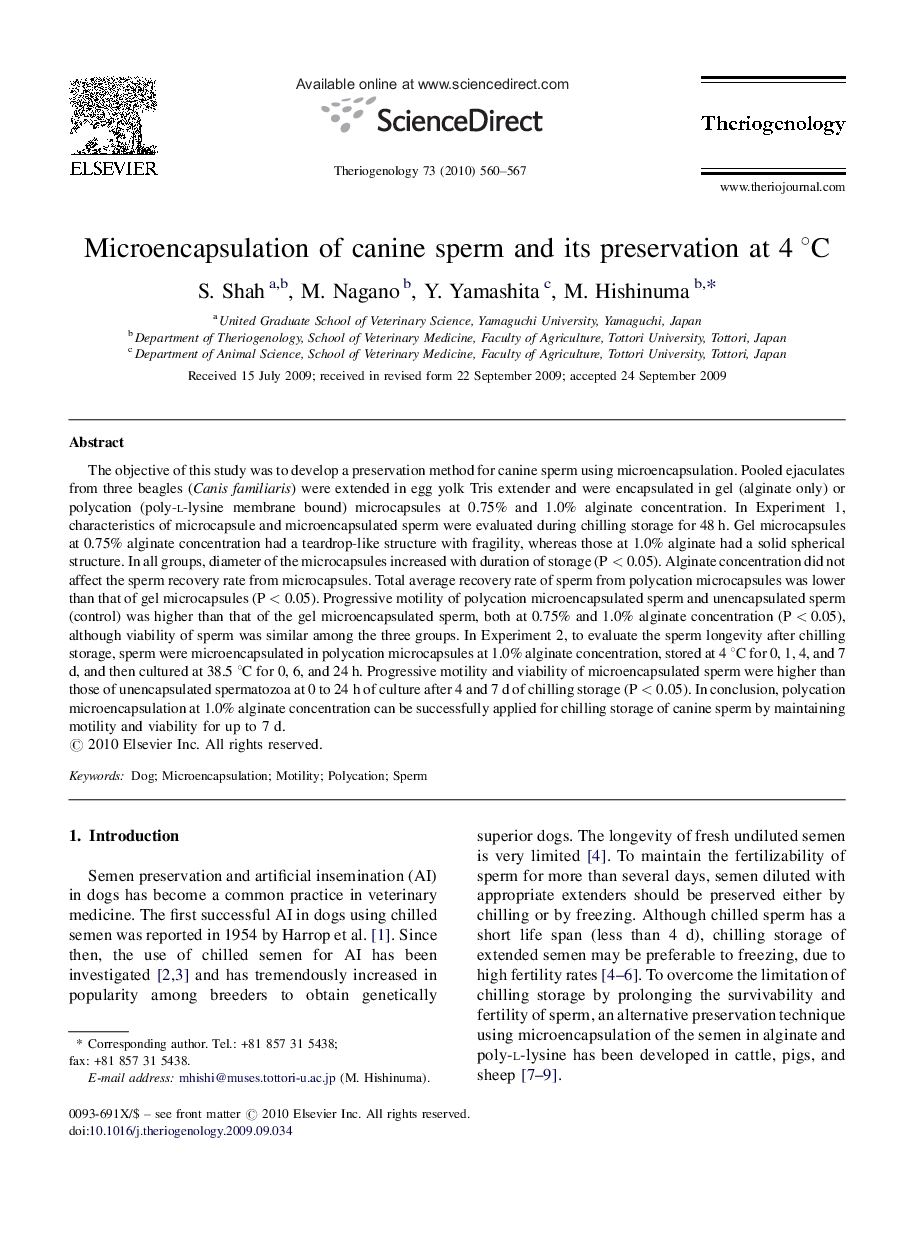 Microencapsulation of canine sperm and its preservation at 4 °C