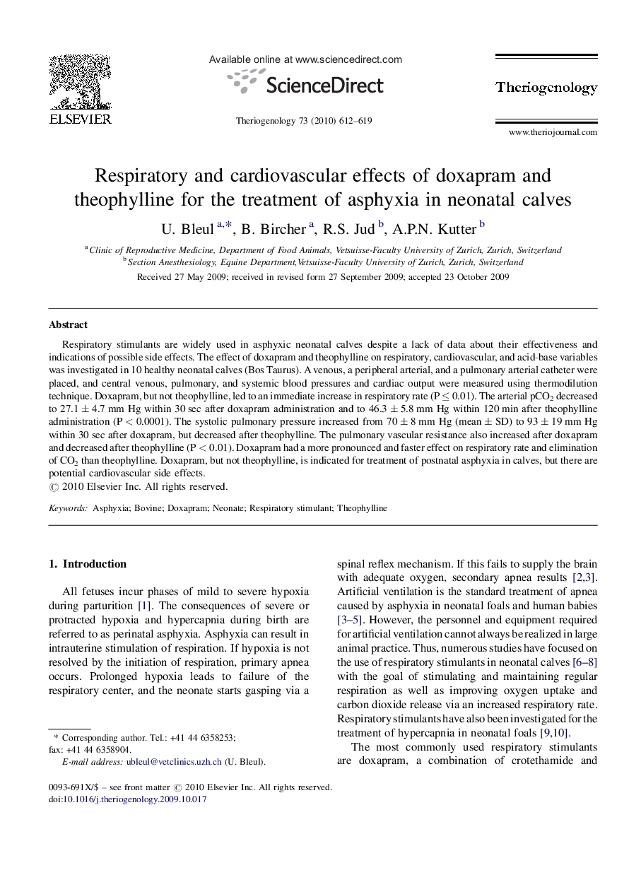 Respiratory and cardiovascular effects of doxapram and theophylline for the treatment of asphyxia in neonatal calves