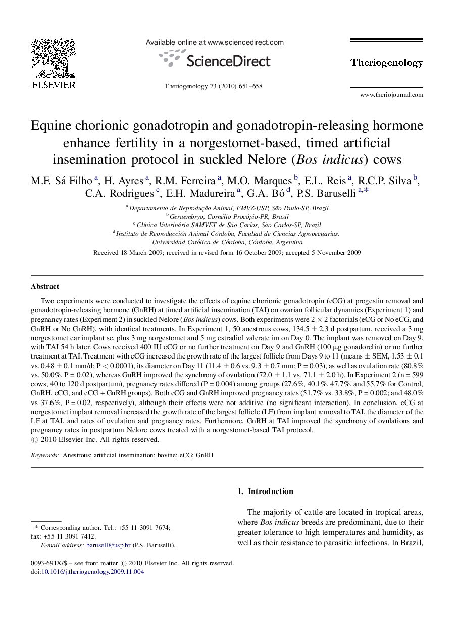 Equine chorionic gonadotropin and gonadotropin-releasing hormone enhance fertility in a norgestomet-based, timed artificial insemination protocol in suckled Nelore (Bos indicus) cows