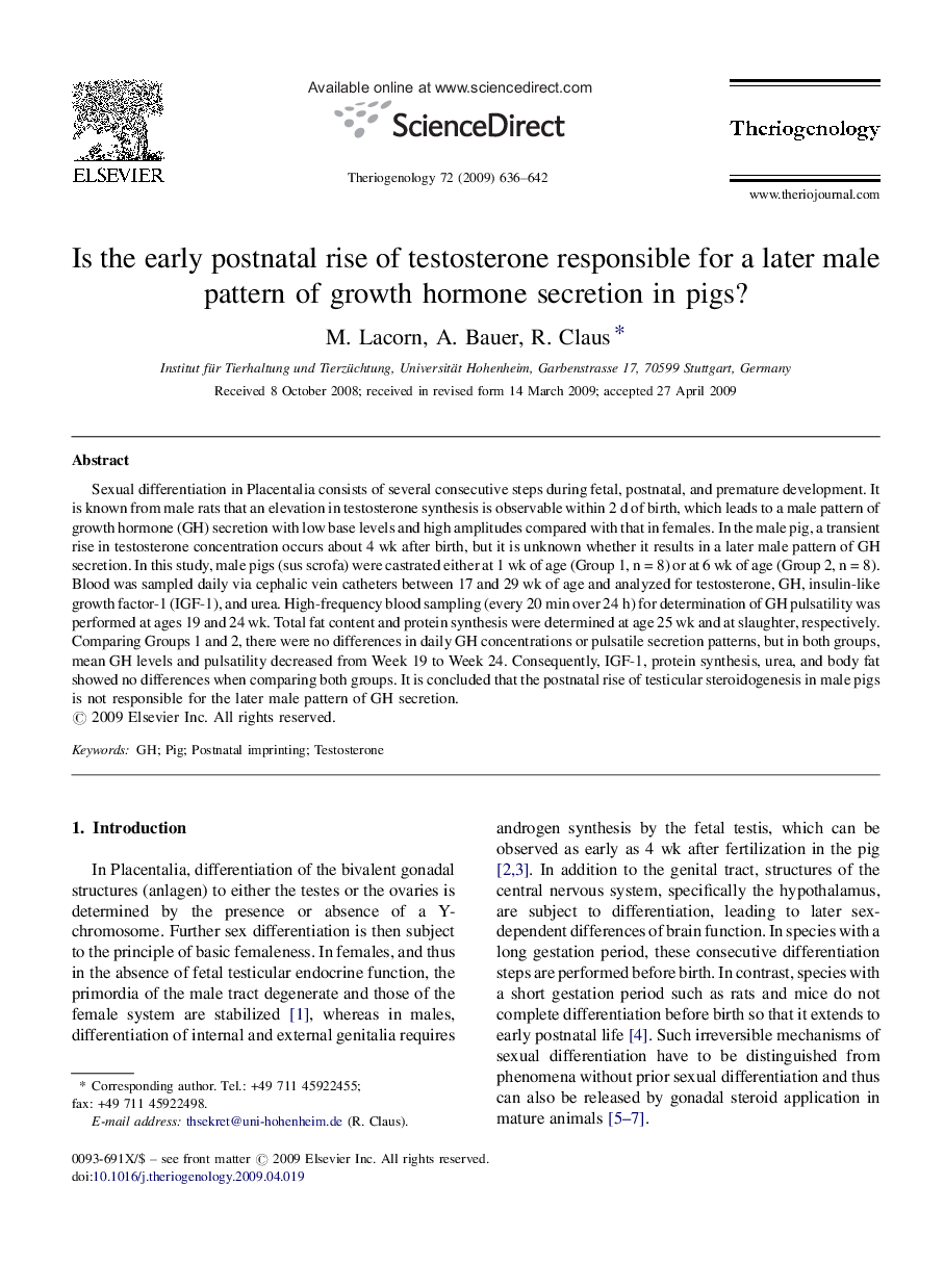 Is the early postnatal rise of testosterone responsible for a later male pattern of growth hormone secretion in pigs?