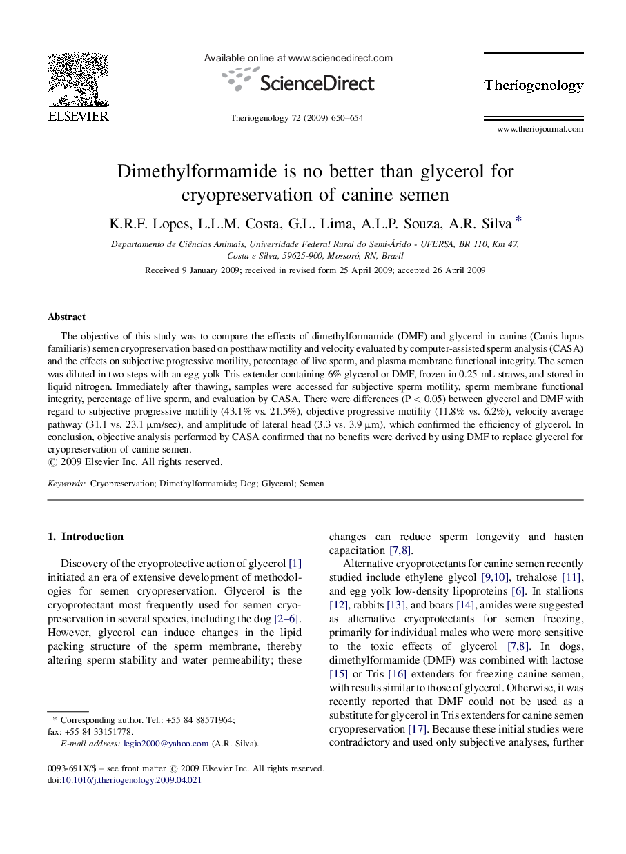 Dimethylformamide is no better than glycerol for cryopreservation of canine semen