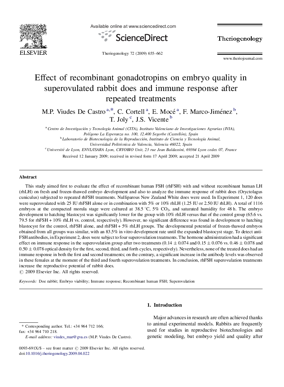 Effect of recombinant gonadotropins on embryo quality in superovulated rabbit does and immune response after repeated treatments