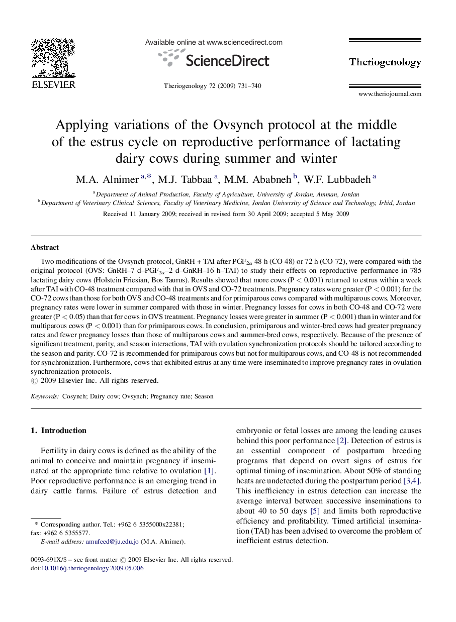 Applying variations of the Ovsynch protocol at the middle of the estrus cycle on reproductive performance of lactating dairy cows during summer and winter