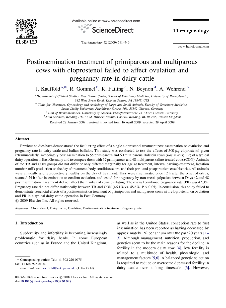 Postinsemination treatment of primiparous and multiparous cows with cloprostenol failed to affect ovulation and pregnancy rate in dairy cattle