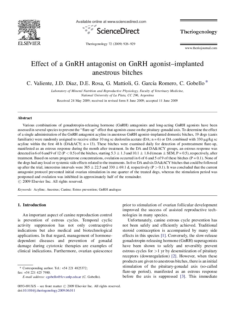 Effect of a GnRH antagonist on GnRH agonist–implanted anestrous bitches