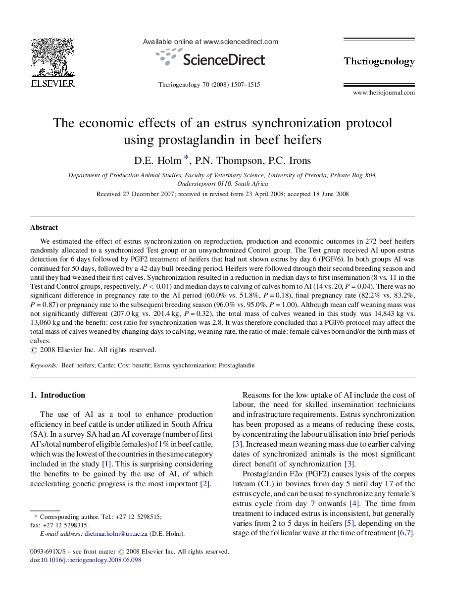 The economic effects of an estrus synchronization protocol using prostaglandin in beef heifers