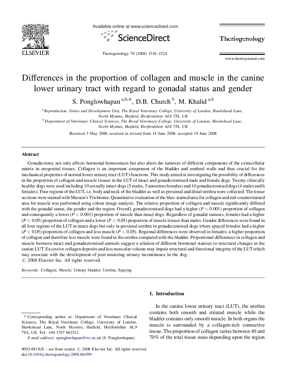 Differences in the proportion of collagen and muscle in the canine lower urinary tract with regard to gonadal status and gender