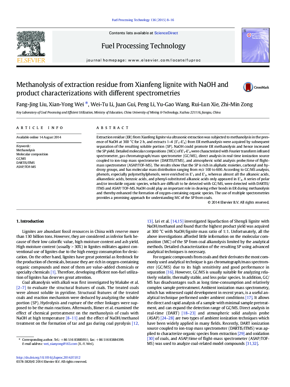 Methanolysis of extraction residue from Xianfeng lignite with NaOH and product characterizations with different spectrometries