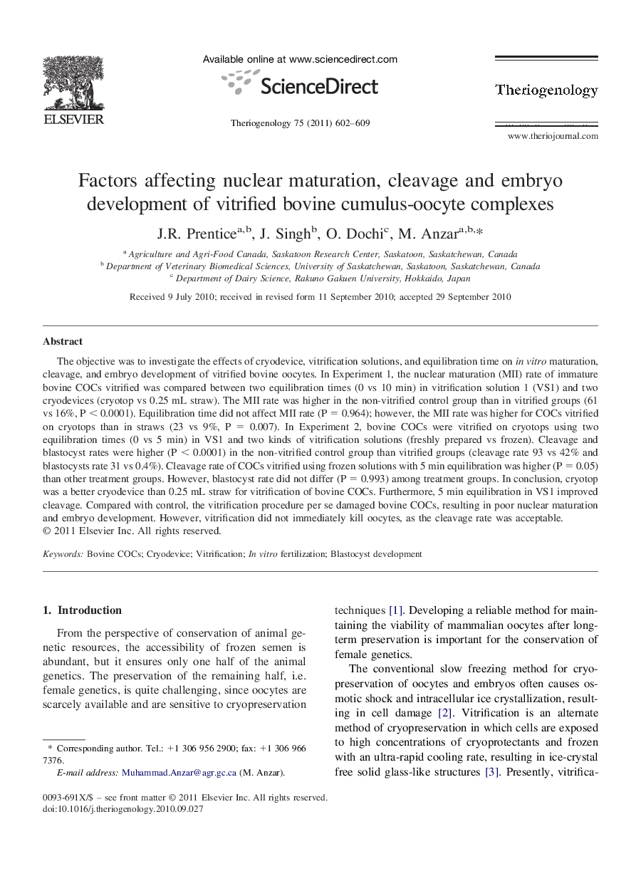 Factors affecting nuclear maturation, cleavage and embryo development of vitrified bovine cumulus-oocyte complexes