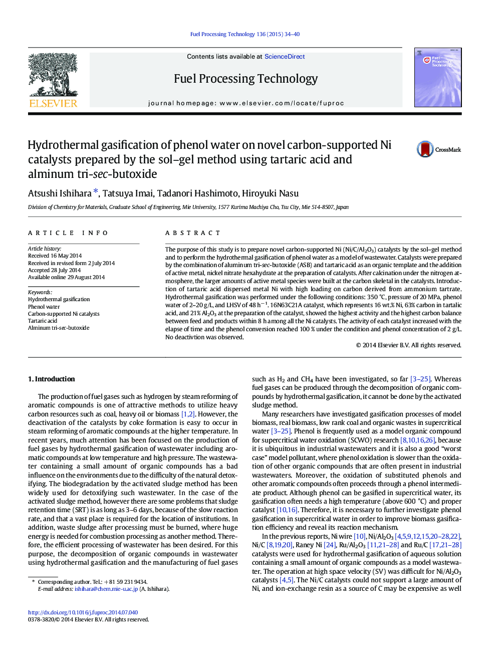 Hydrothermal gasification of phenol water on novel carbon-supported Ni catalysts prepared by the sol–gel method using tartaric acid and alminum tri-sec-butoxide