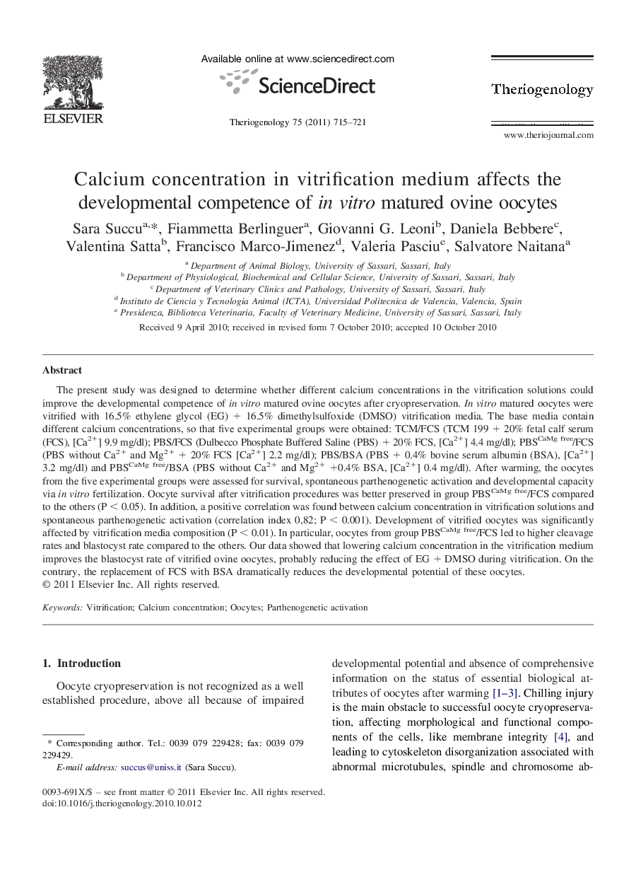 Calcium concentration in vitrification medium affects the developmental competence of in vitro matured ovine oocytes