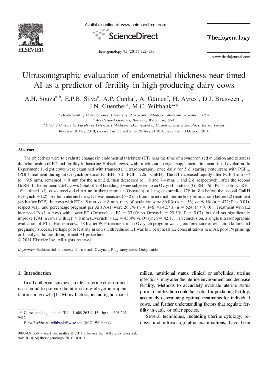 Ultrasonographic evaluation of endometrial thickness near timed AI as a predictor of fertility in high-producing dairy cows