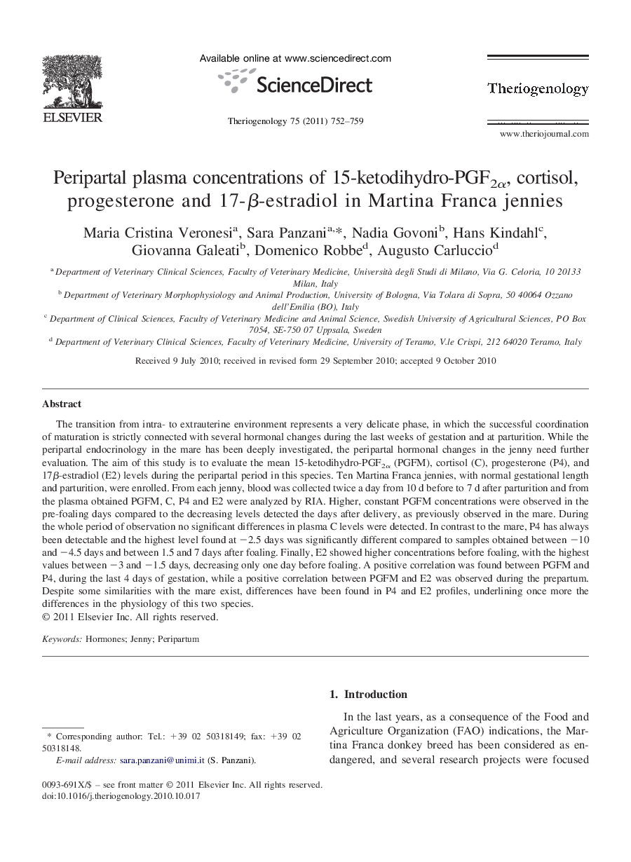 Peripartal plasma concentrations of 15-ketodihydro-PGF2Î±, cortisol, progesterone and 17-Î²-estradiol in Martina Franca jennies