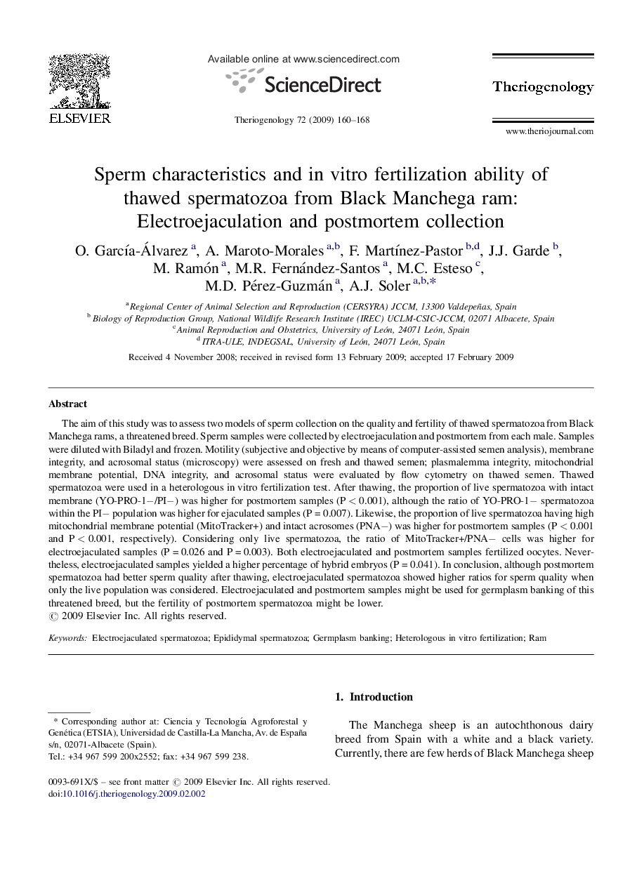 Sperm characteristics and in vitro fertilization ability of thawed spermatozoa from Black Manchega ram: Electroejaculation and postmortem collection