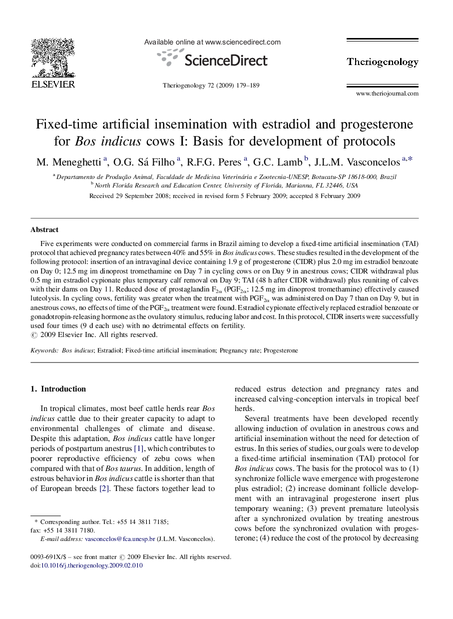 Fixed-time artificial insemination with estradiol and progesterone for Bos indicus cows I: Basis for development of protocols