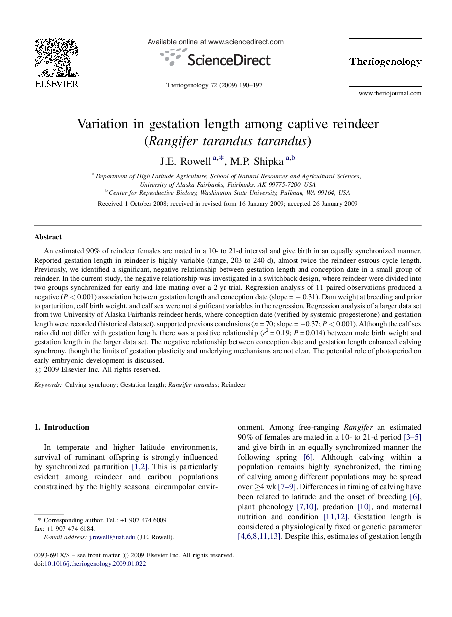 Variation in gestation length among captive reindeer (Rangifer tarandus tarandus)