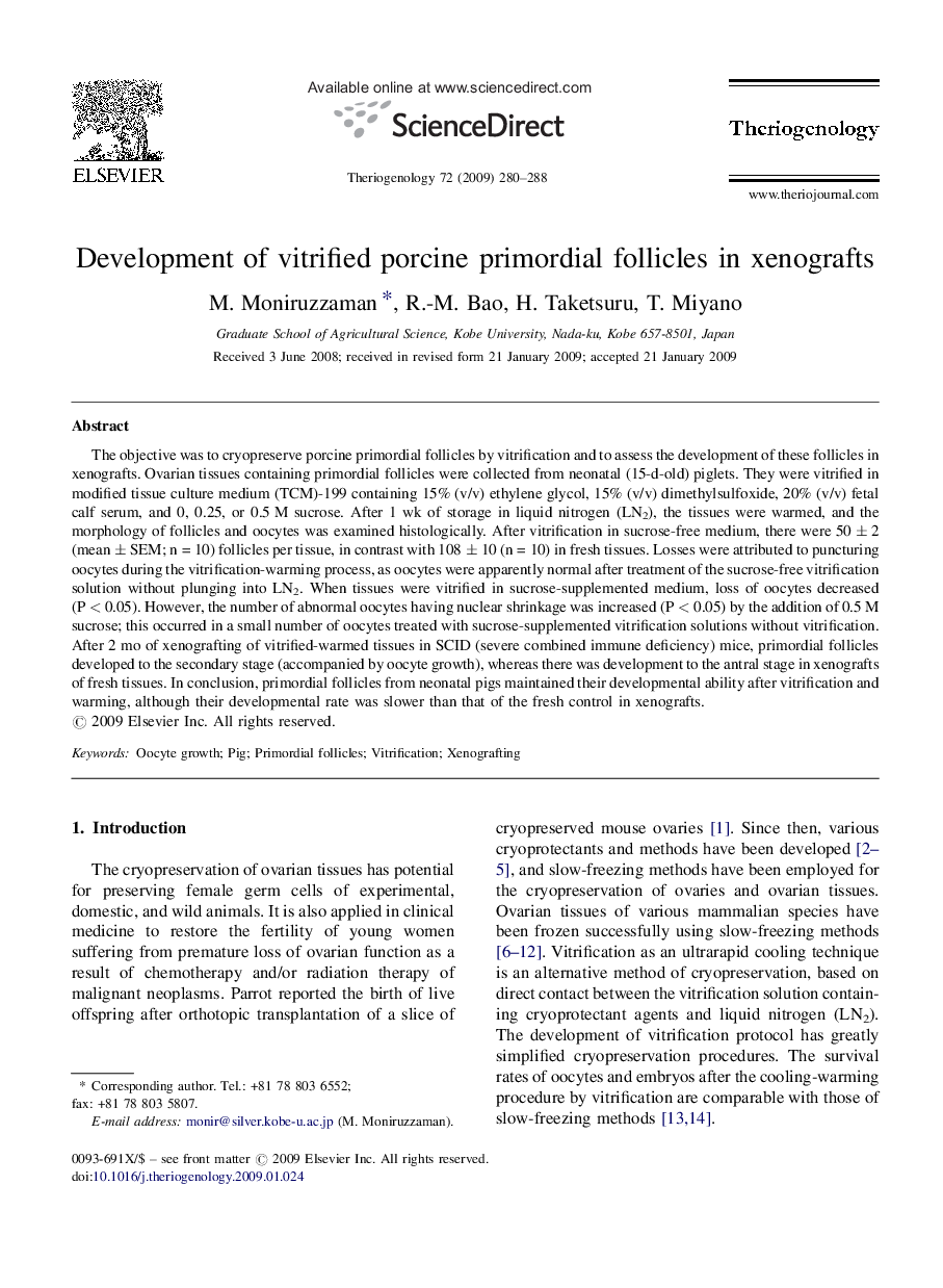 Development of vitrified porcine primordial follicles in xenografts