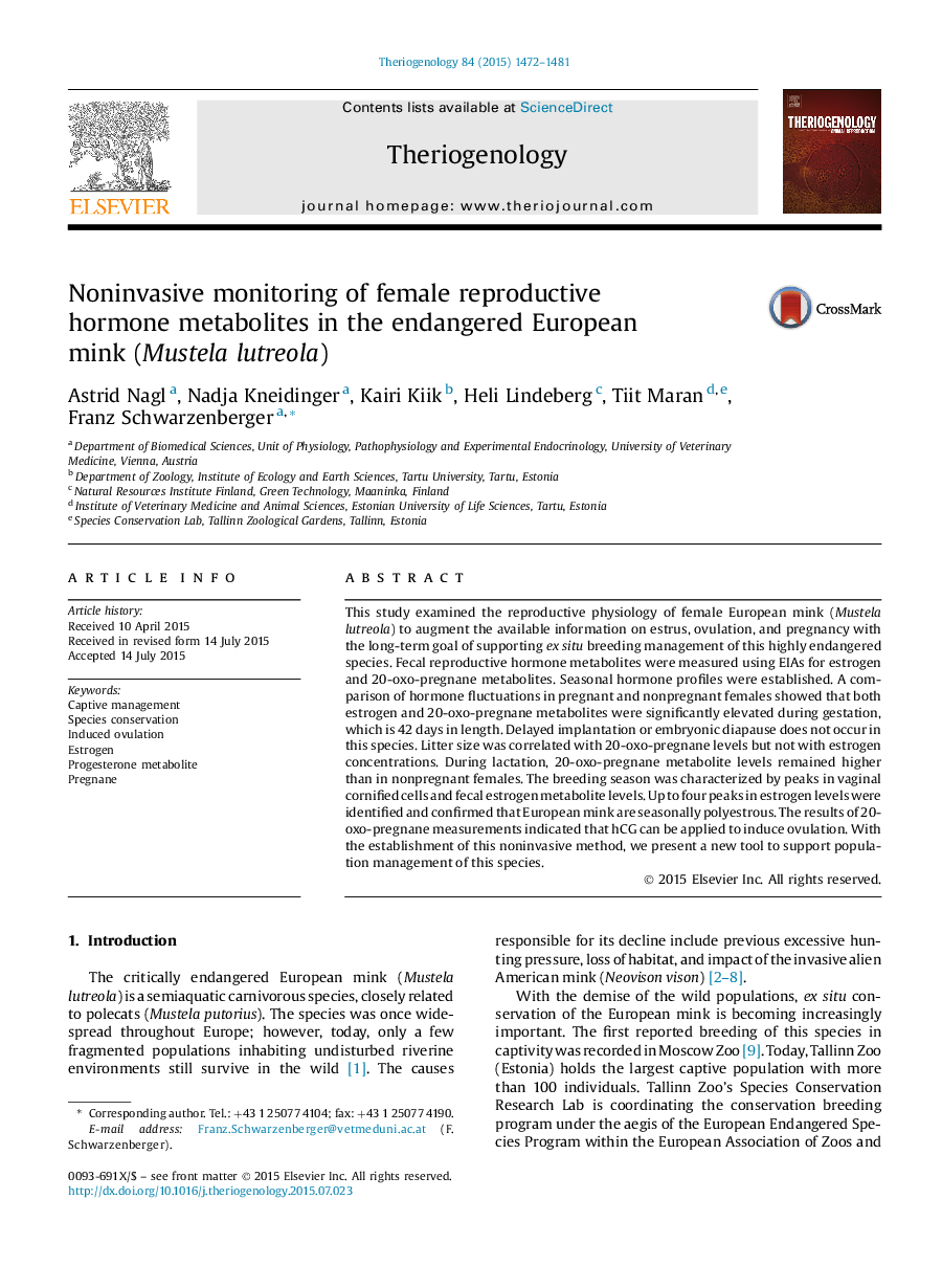 Noninvasive monitoring of female reproductive hormone metabolites in the endangered European mink (Mustela lutreola)