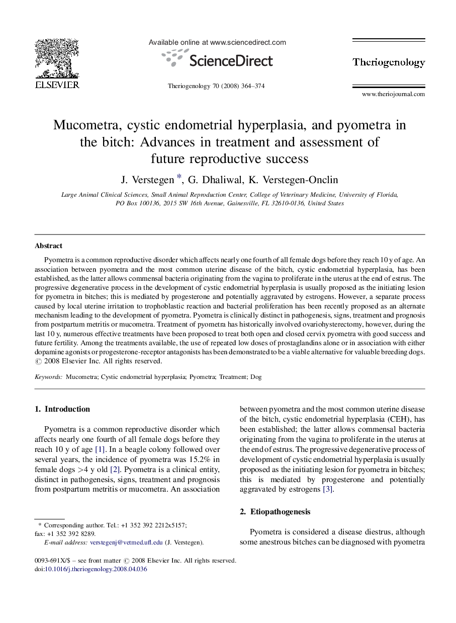 Mucometra, cystic endometrial hyperplasia, and pyometra in the bitch: Advances in treatment and assessment of future reproductive success