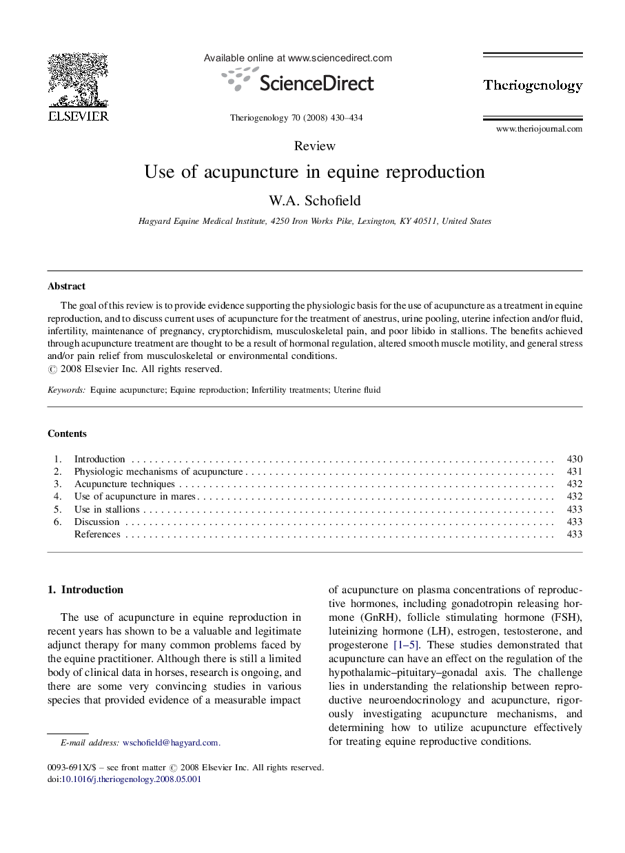 Use of acupuncture in equine reproduction