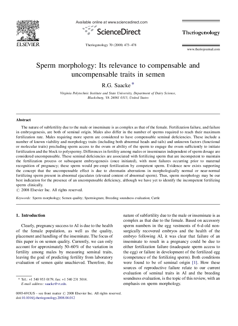 Sperm morphology: Its relevance to compensable and uncompensable traits in semen