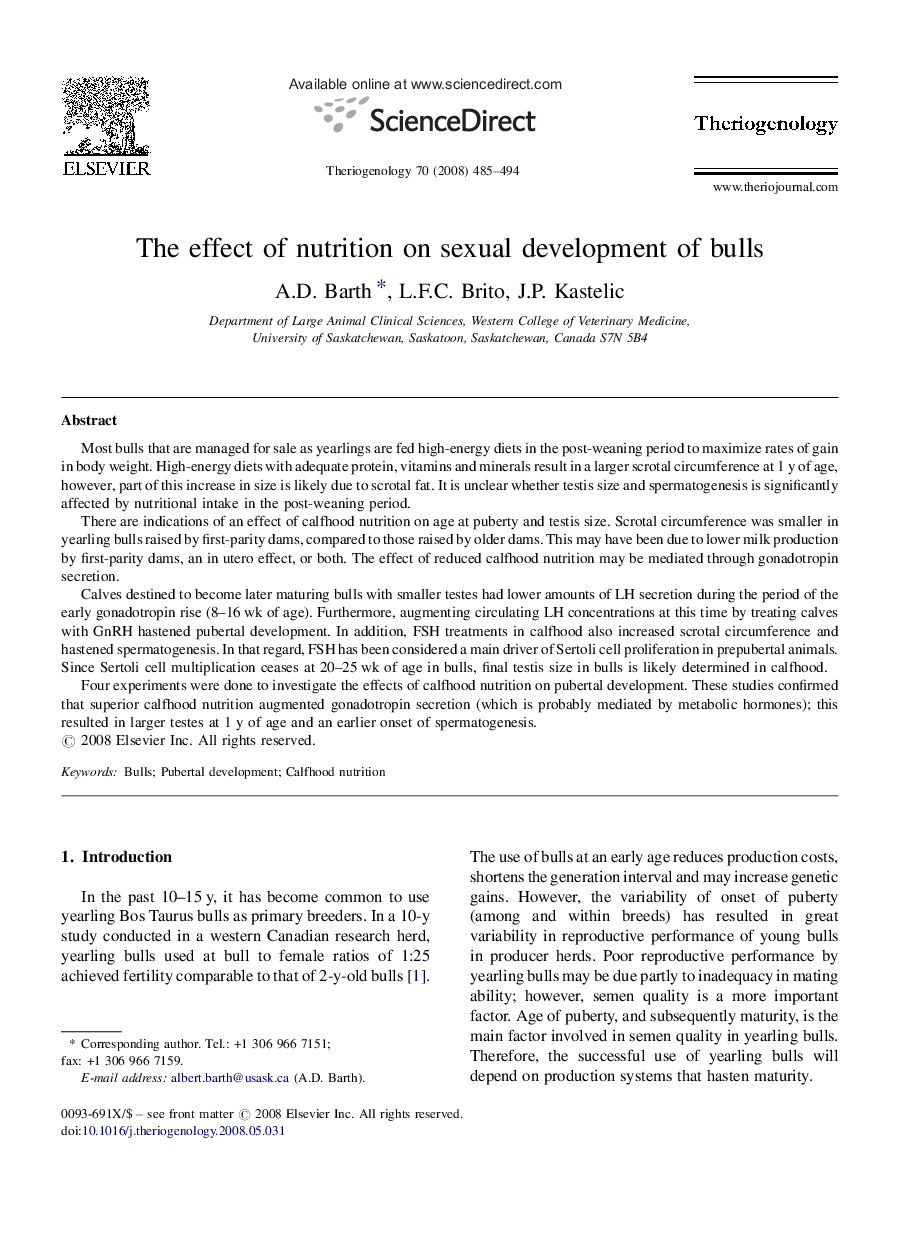 The effect of nutrition on sexual development of bulls