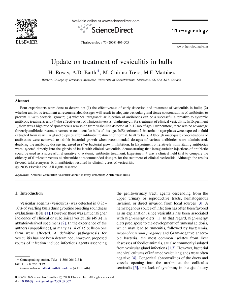 Update on treatment of vesiculitis in bulls