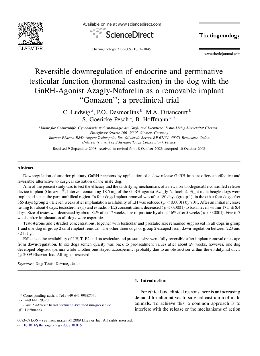 Reversible downregulation of endocrine and germinative testicular function (hormonal castration) in the dog with the GnRH-Agonist Azagly-Nafarelin as a removable implant “Gonazon”; a preclinical trial