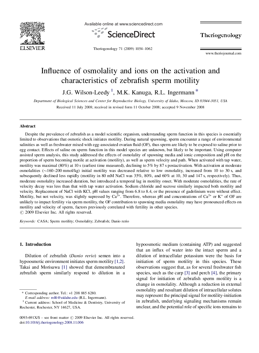 Influence of osmolality and ions on the activation and characteristics of zebrafish sperm motility