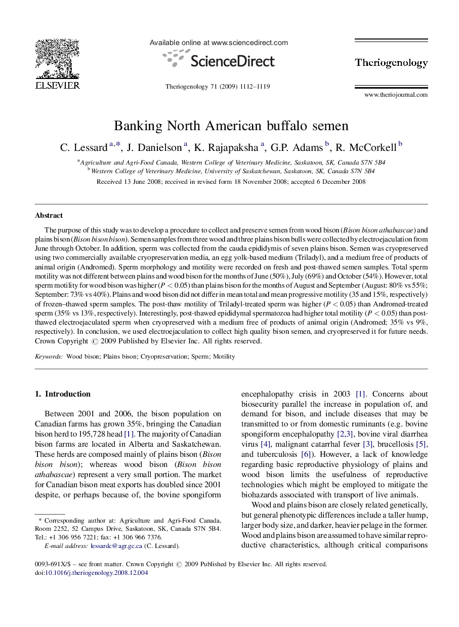 Banking North American buffalo semen