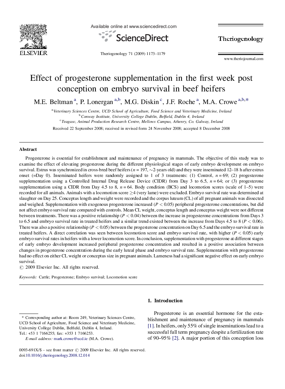 Effect of progesterone supplementation in the first week post conception on embryo survival in beef heifers