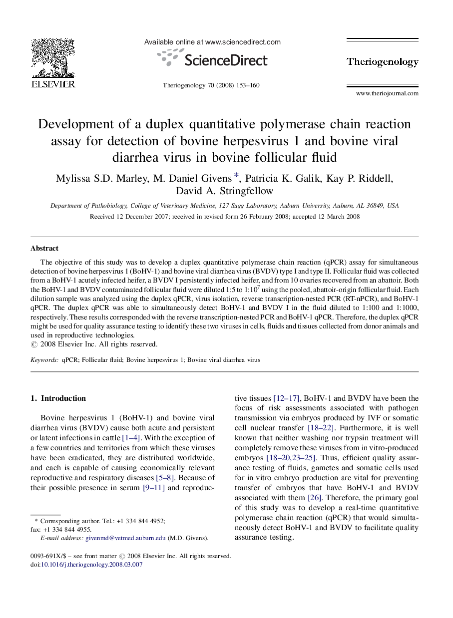 Development of a duplex quantitative polymerase chain reaction assay for detection of bovine herpesvirus 1 and bovine viral diarrhea virus in bovine follicular fluid