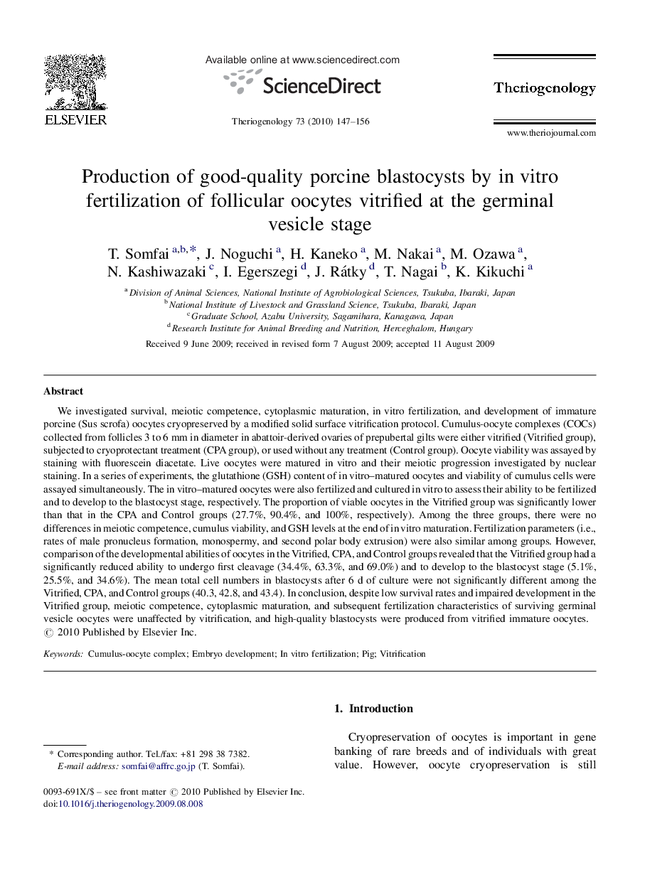 Production of good-quality porcine blastocysts by in vitro fertilization of follicular oocytes vitrified at the germinal vesicle stage