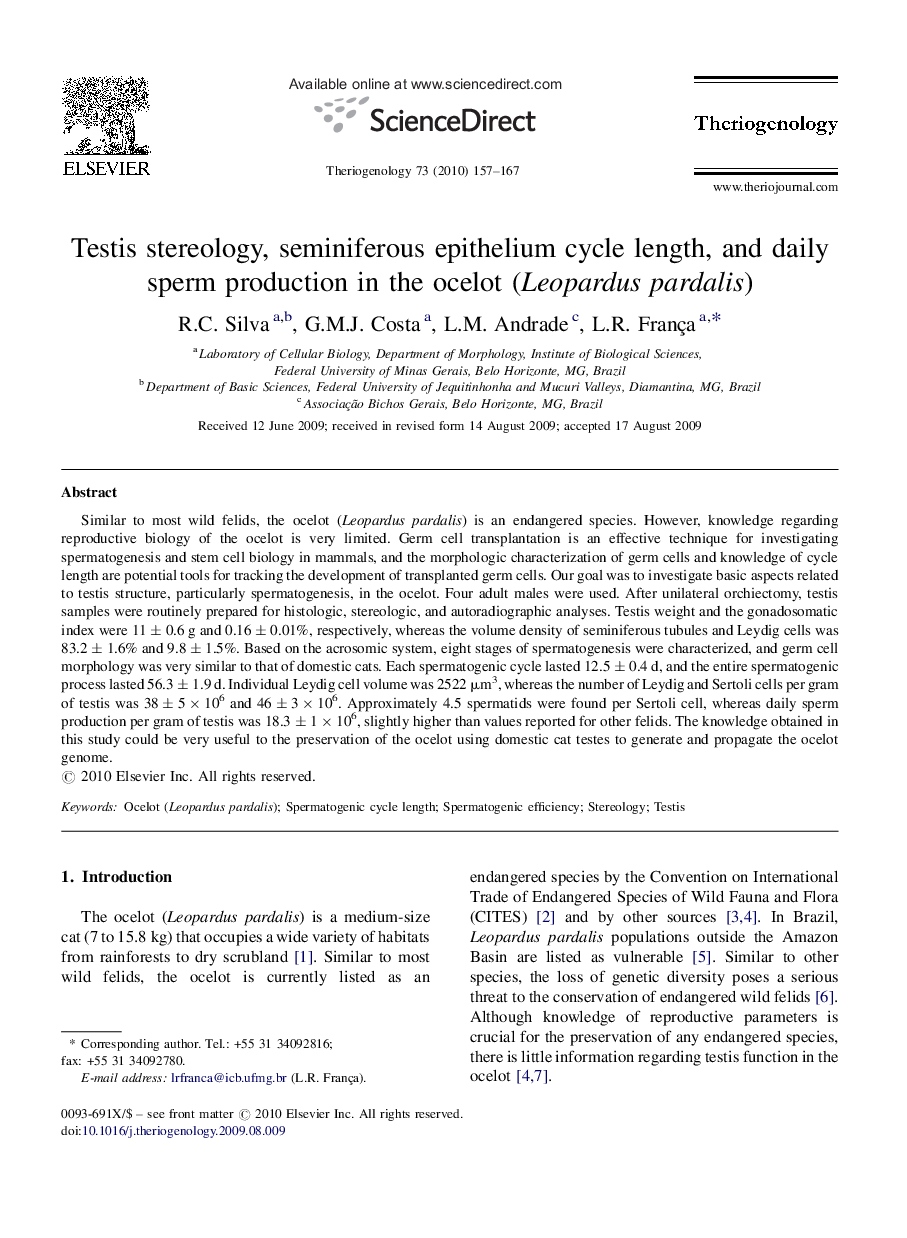 Testis stereology, seminiferous epithelium cycle length, and daily sperm production in the ocelot (Leopardus pardalis)