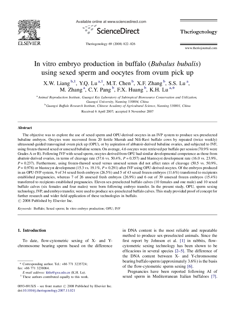 In vitro embryo production in buffalo (Bubalus bubalis) using sexed sperm and oocytes from ovum pick up