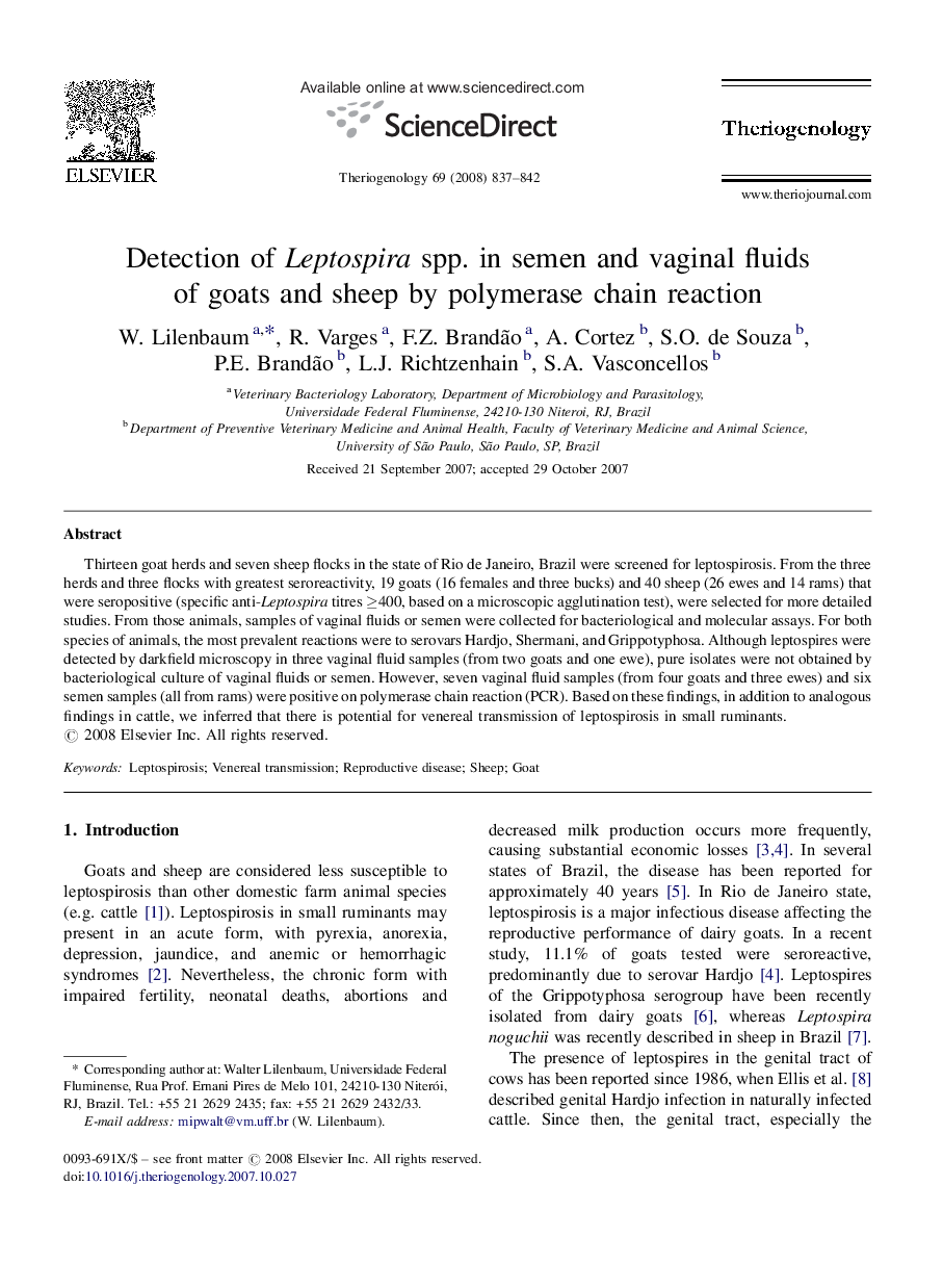 Detection of Leptospira spp. in semen and vaginal fluids of goats and sheep by polymerase chain reaction