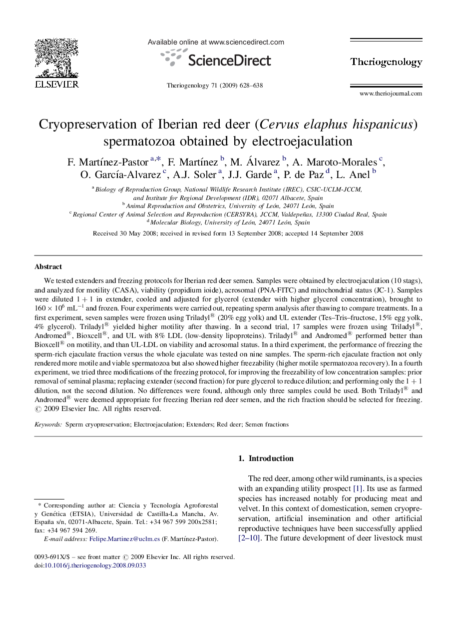 Cryopreservation of Iberian red deer (Cervus elaphus hispanicus) spermatozoa obtained by electroejaculation