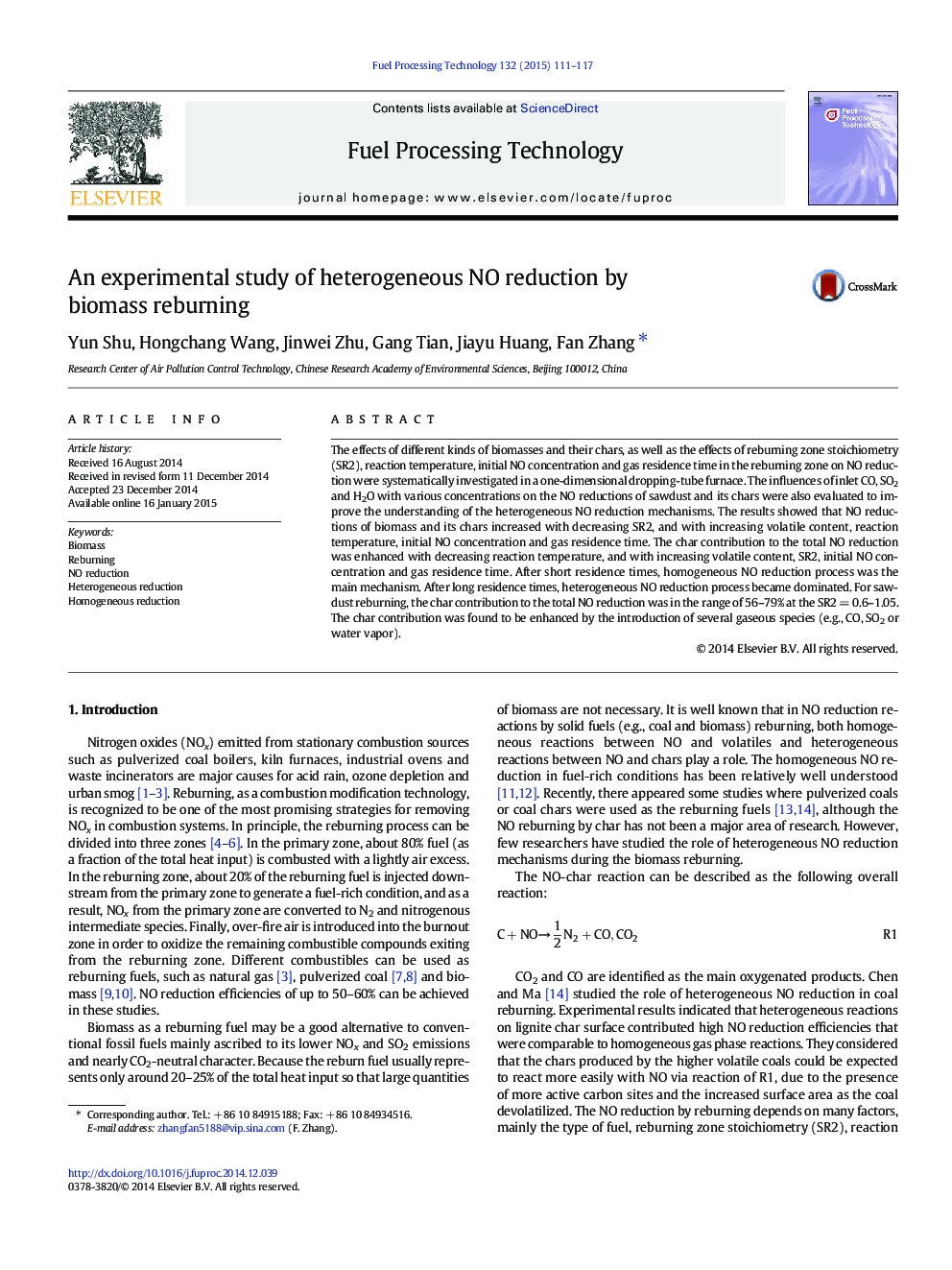 An experimental study of heterogeneous NO reduction by biomass reburning